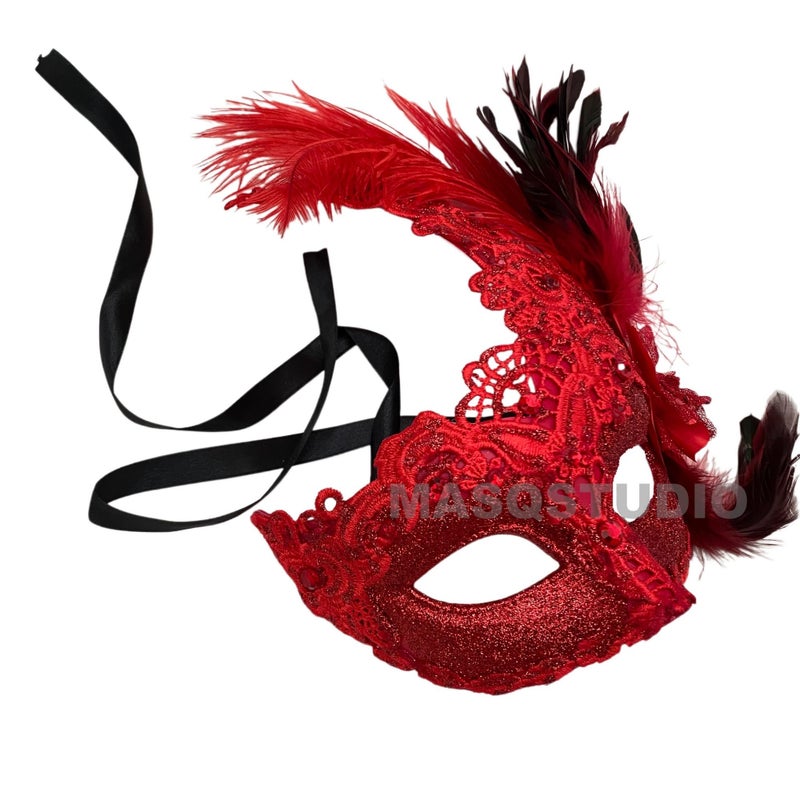 MasqStudio Brocade Lace Masquerade Ball Mask Burlesque Mardi Gras Birthday Prom Wedding Party (Red) - Image 5